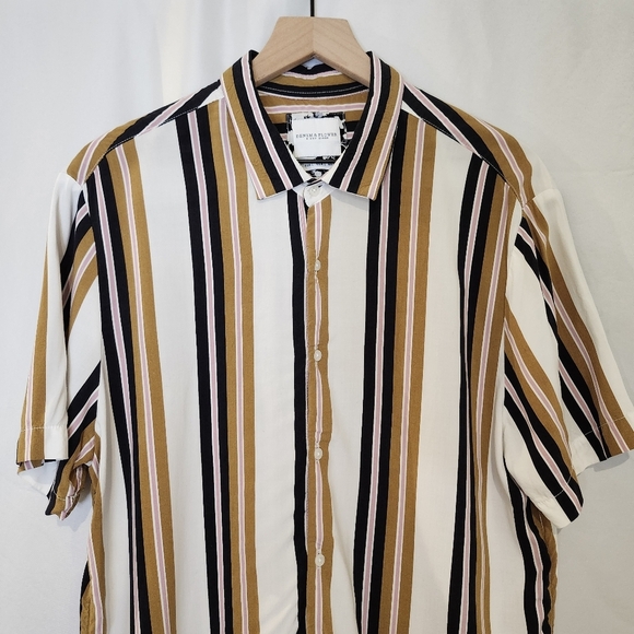 Denim & Flower Men's Ricky Singh Camp Shirt Size L Olive Stripe Button Front - Picture 2 of 8